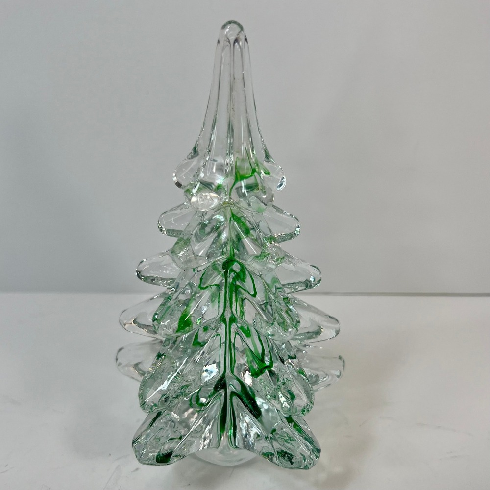 Art Glass Christmas Tree Figurine Clear with Green Swirl 5.25 Inch Holiday Decor - Picture 9 of 9